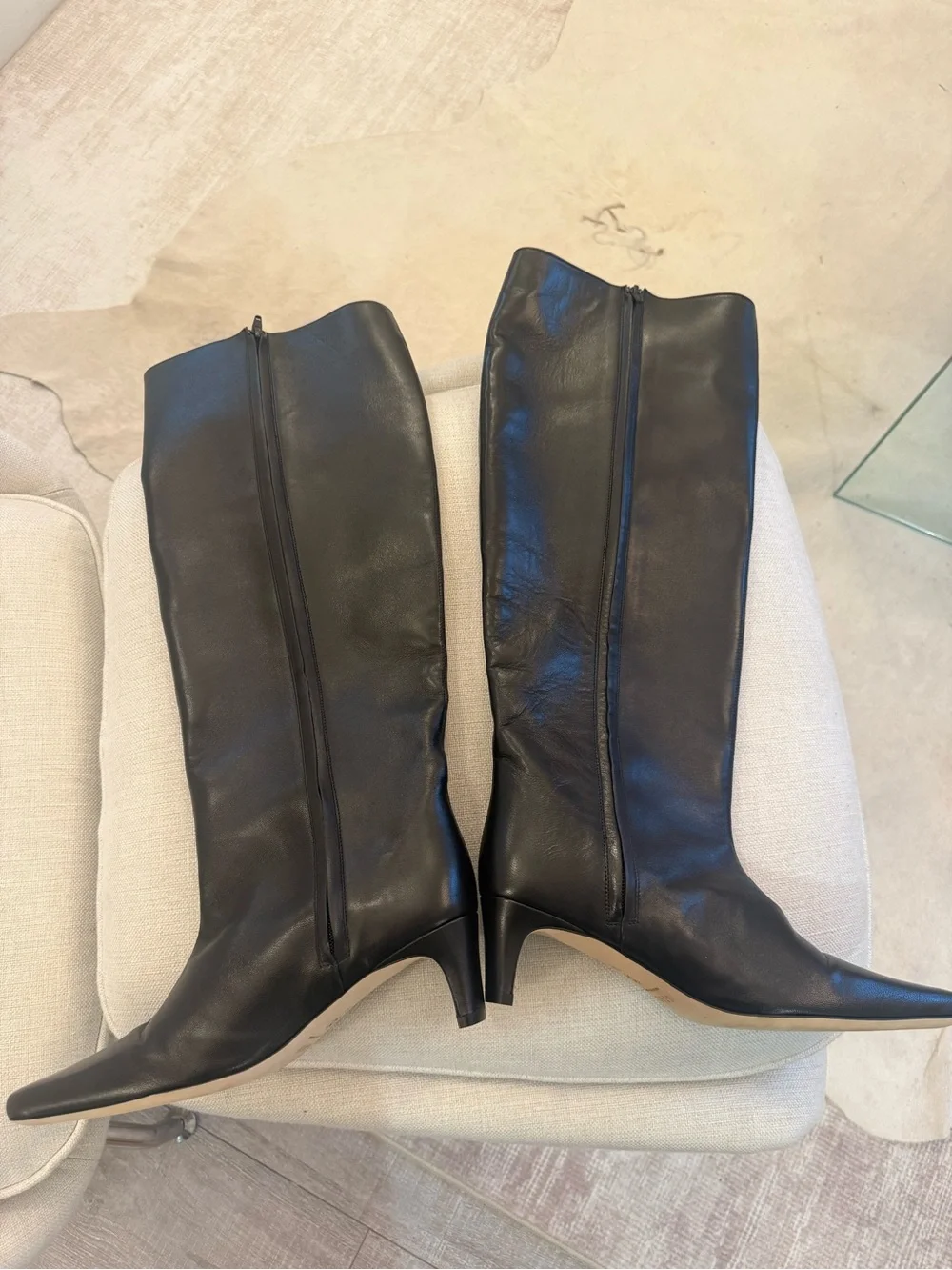 STAUD Black Knee-High Pointed Leather Boots | Wally 55MM Leather Wide-Calf Boot